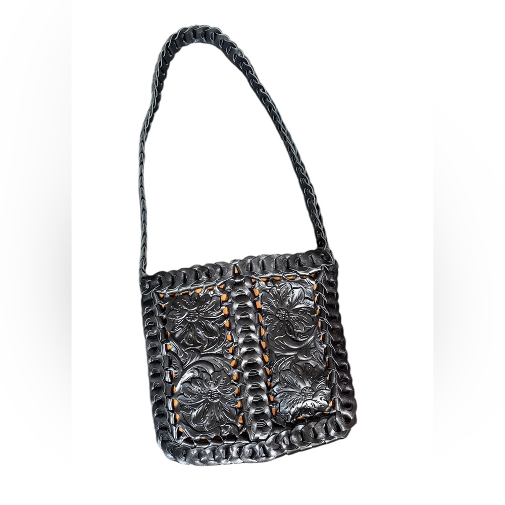 Patricia Nash Vaticci Tooled Leather Crossbody Bag Black Woven Chain Strap - Picture 5 of 9